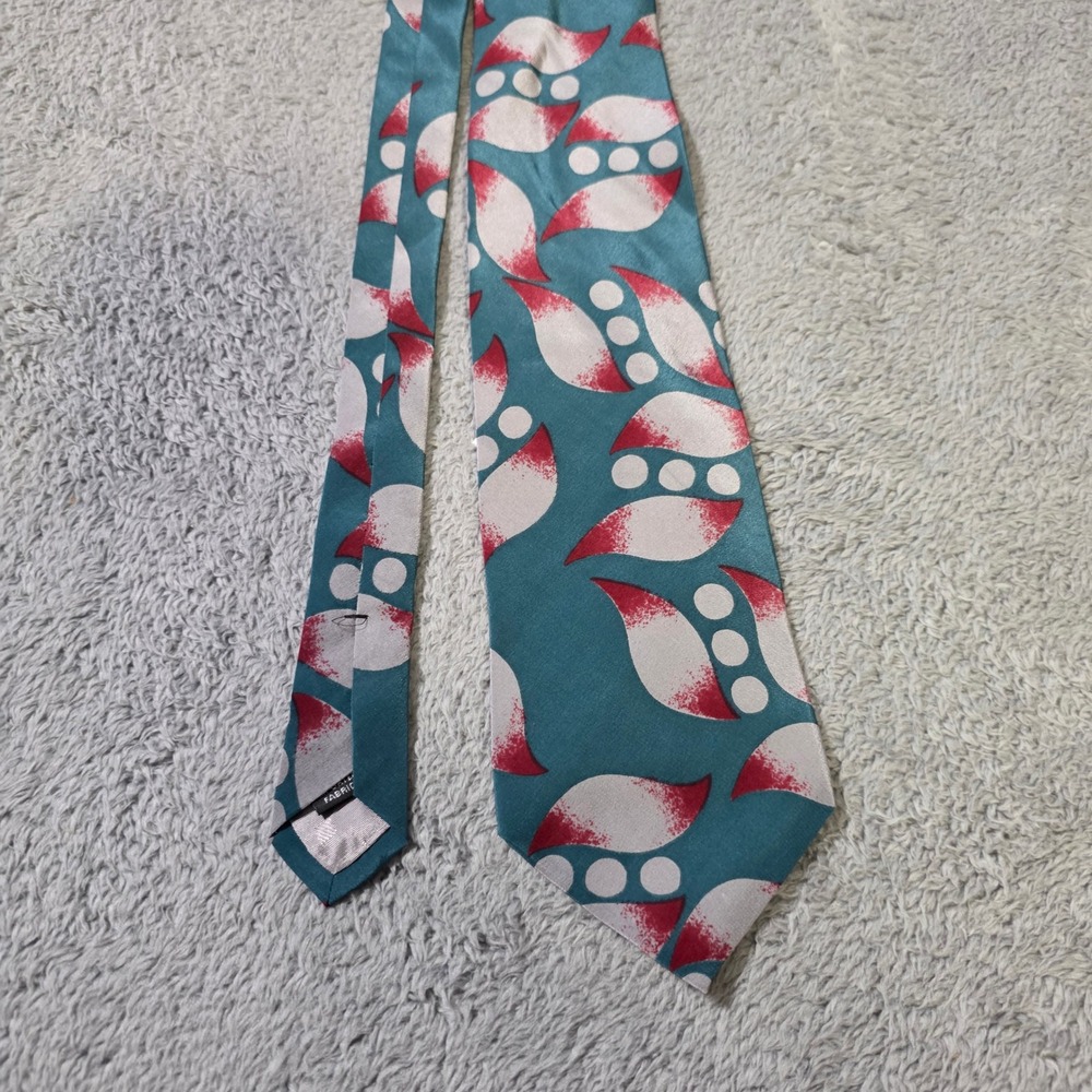 Adolfo Mens Silk Necktie Teal Grey Red Abstract Leaf Dot Geometric Made in USA